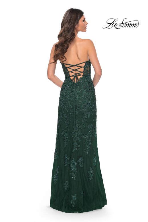 La Femme 32437 Scalloped Slit Strapless Lace-Up Dress