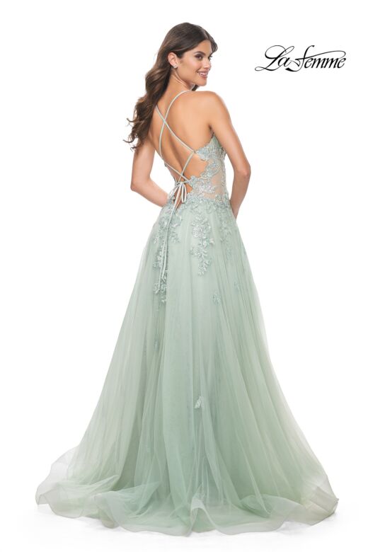 La Femme 32438 Lace Appliques Plunging Neck Dress