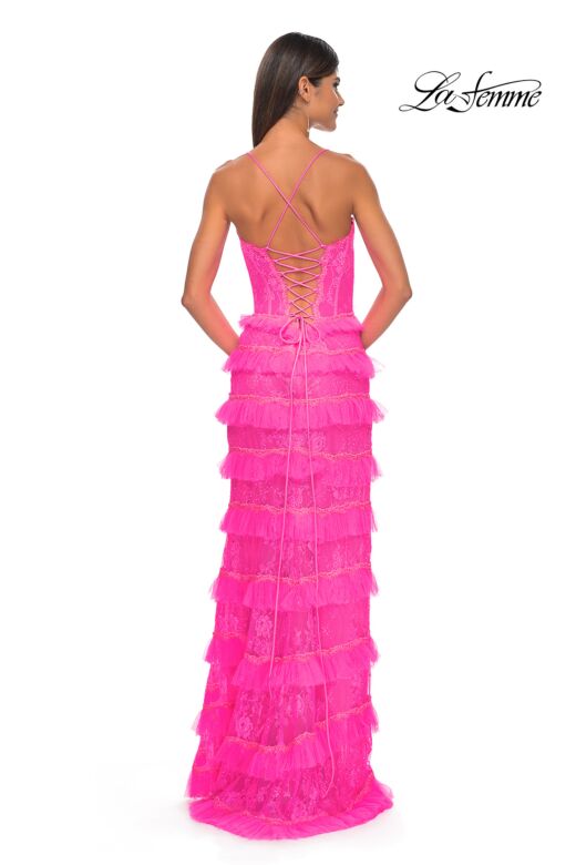 La Femme 32442 Layered Skirt High Slit Lace-Up Dress