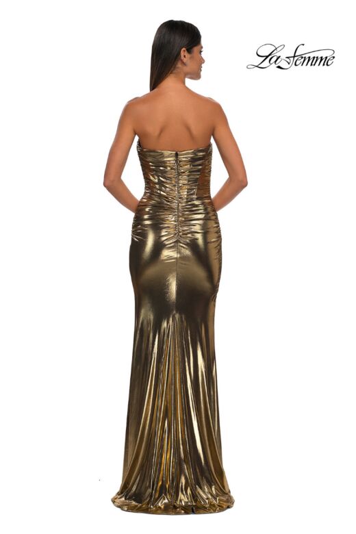 La Femme 32518 Ruched Top Strapless Metallic Dress