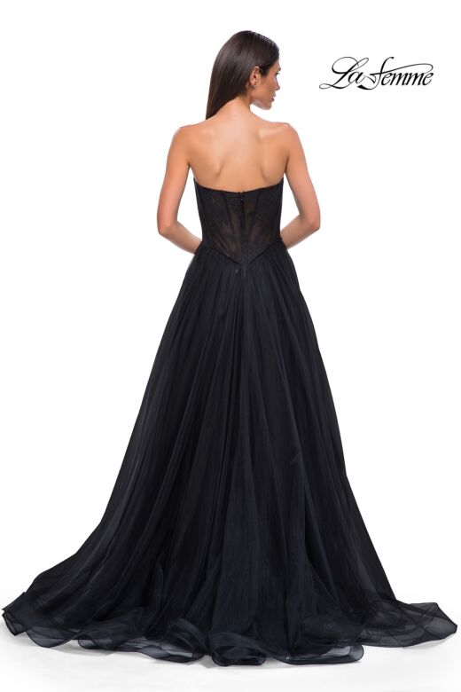 La Femme 32579 Lace Corset High Slit Strapless Dress