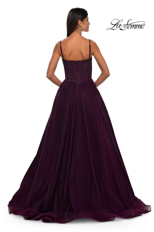 La Femme 32594 High Slit Lace Corset Spaghetti Straps Dress