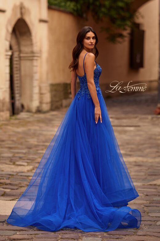 La Femme 32646 Lace Corset High Slit Dress