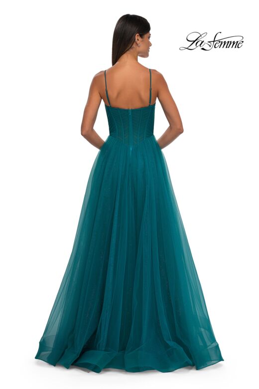 La Femme 32680 Ruched Corset High Slit Glitter Dress