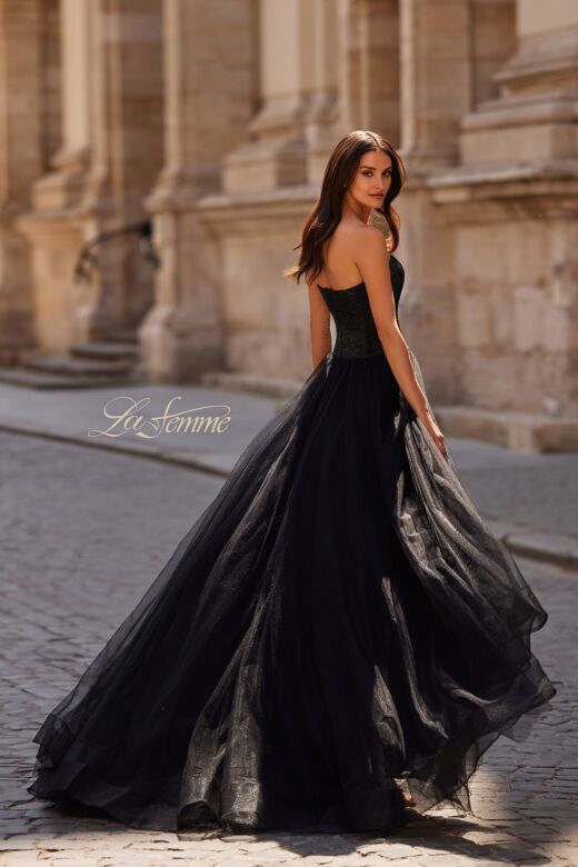 La Femme 32690 Rhinestone Top High Slit Strapless Dress
