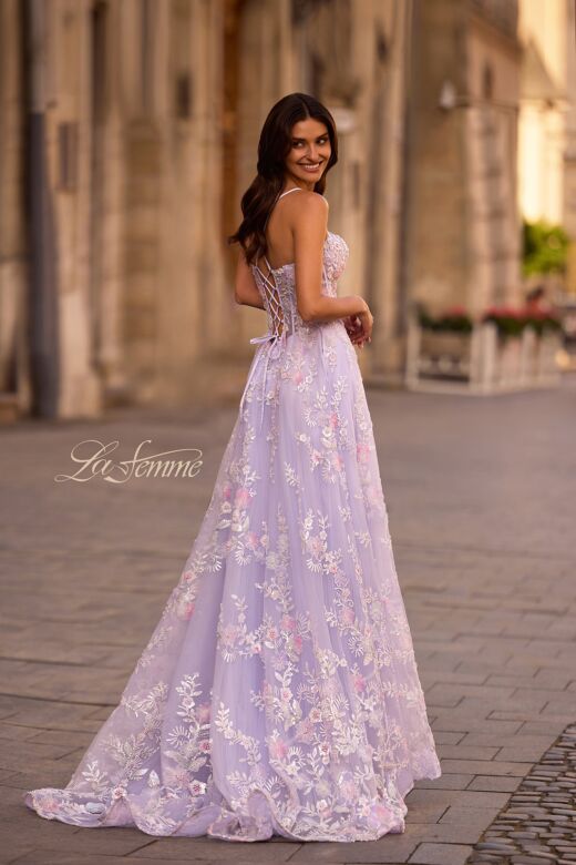 La Femme 32695 Plunging Neckline Floral Corset Dress