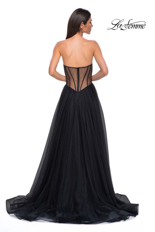 La Femme 32771 Basque Waist Illusion Back Strapless Dress