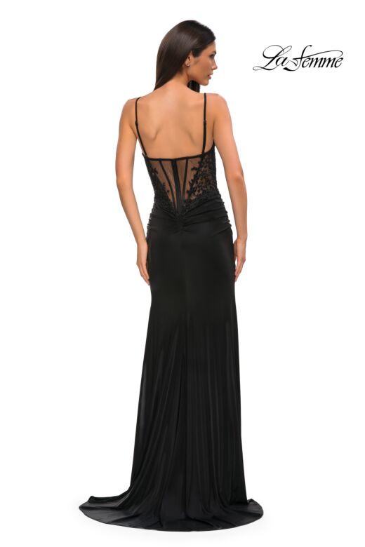 La Femme 32803 Lace Corset Illusion Back Slit Skirt Dress