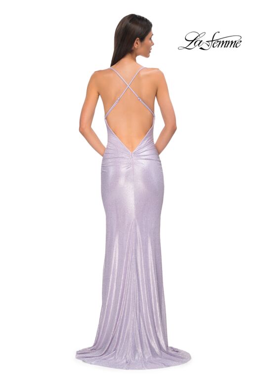 La Femme 32835 Cowl Neckline Criss Cross Back Metallic Dress