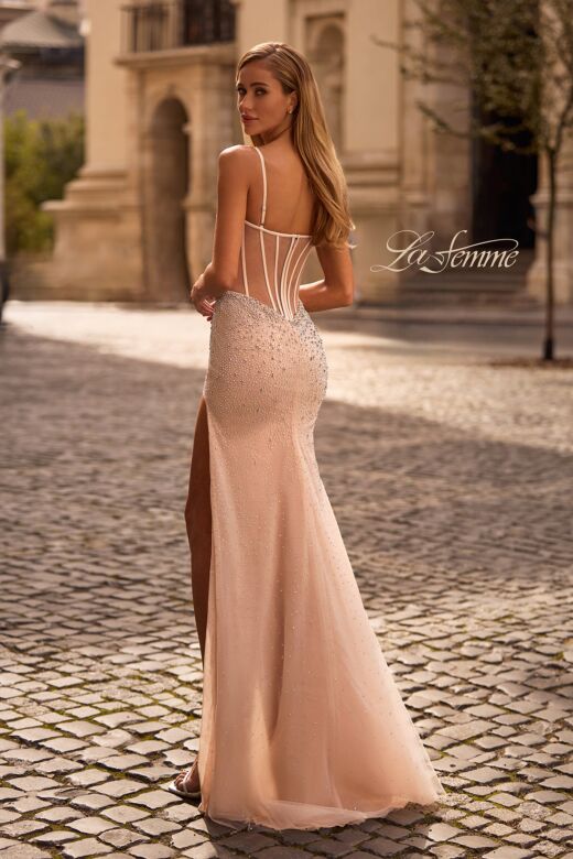 La Femme 32840 Illusion Back Cutaway Slit Embellished Dress