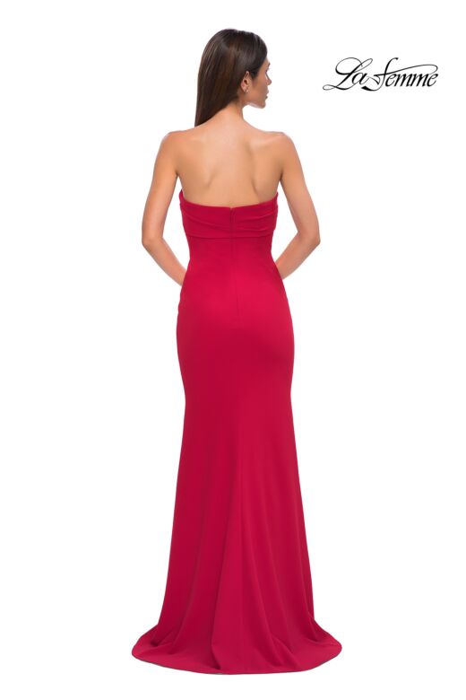 La Femme 32863 Criss Cross Bust High Slit Strapless Dress