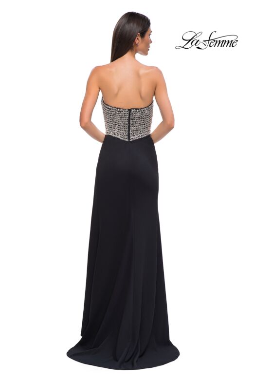 La Femme 32910 Rhinestone Bodice High Slit Strapless Dress