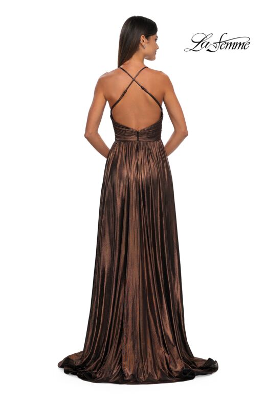 La Femme 32917 Plunging Neckline Criss Cross Back Metallic Dress