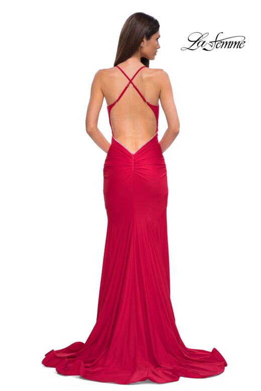 La Femme 32918 Rhinestone Neckline Criss Cross Back Dress