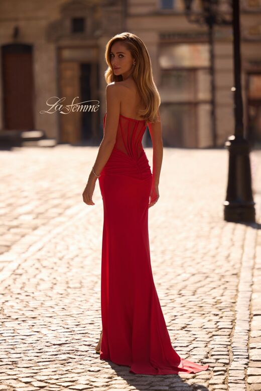 La Femme 32941 Illusion Back Plunging Neck Strapless Dress