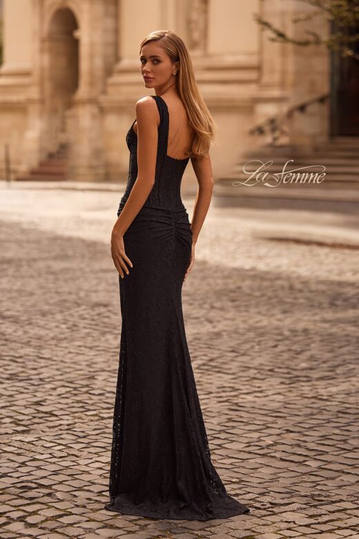 La Femme 32943 Square Back V-Neck Beaded Lace Dress