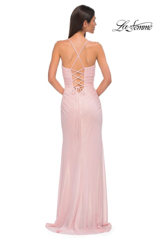 La Femme 32964 Ruched Bodice Lace-Up Metallic Dress