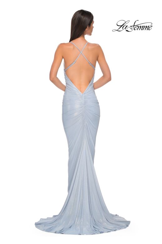 La Femme 32973 Criss Cross Back Ruched Metallic Dress
