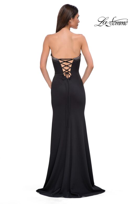 La Femme 32975 Rhinestone Neckline High Slit Lace-Up Dress