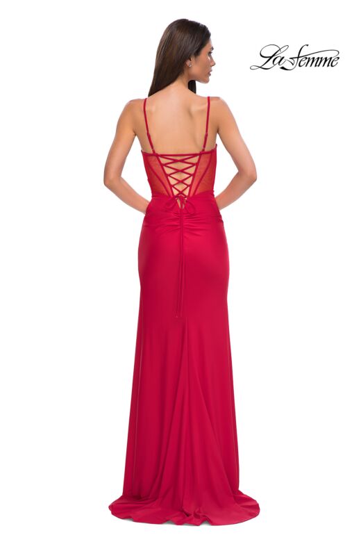 La Femme 32977 Surplice Top High Slit Lace-Up Dress