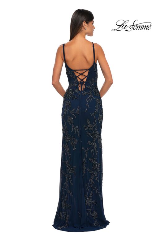 La Femme 33054 Lace-Up Back Floral V-Neck Dress