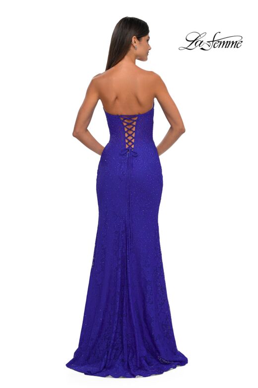 La Femme 33069 Ruched Bust Strapless Lace Dress