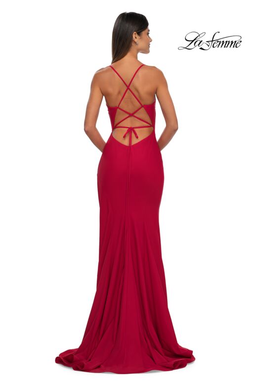La Femme 33080 Cutaway Slit V-Neck Lace-Up Dress