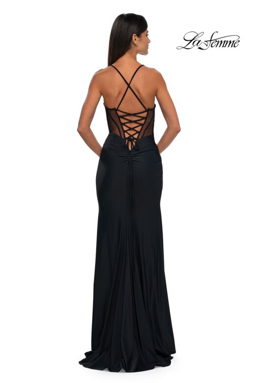 La Femme 33115 Lace-Up Back High Slit Ruched Dress
