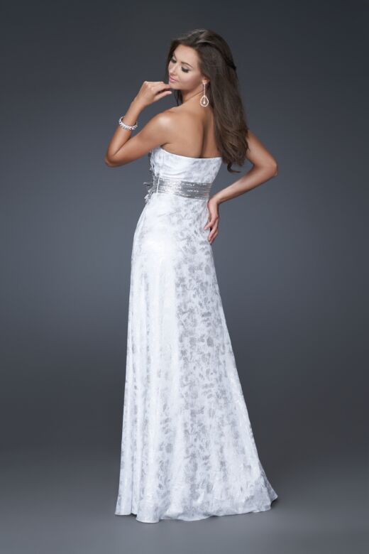 La Femme 16026 White Silver Empire Waist High Slit Dress