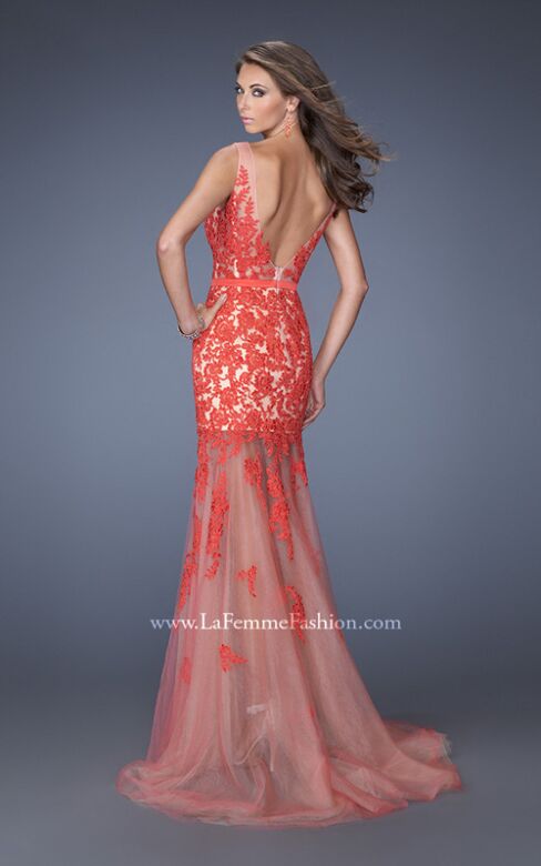 La Femme 19991 Hot Coral Illusion Neckline Dress