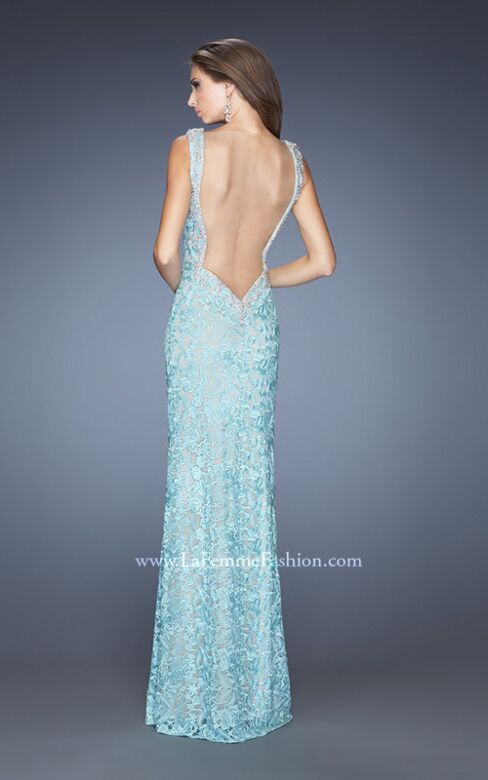La Femme 20121 Ice Blue Backless Lace Dress