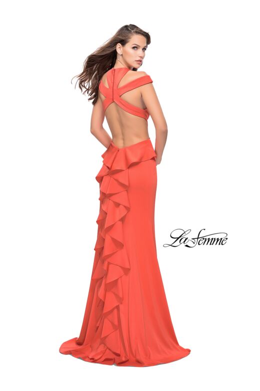 La Femme 25971 Hot Coral Ruffle Tail Slim Dress