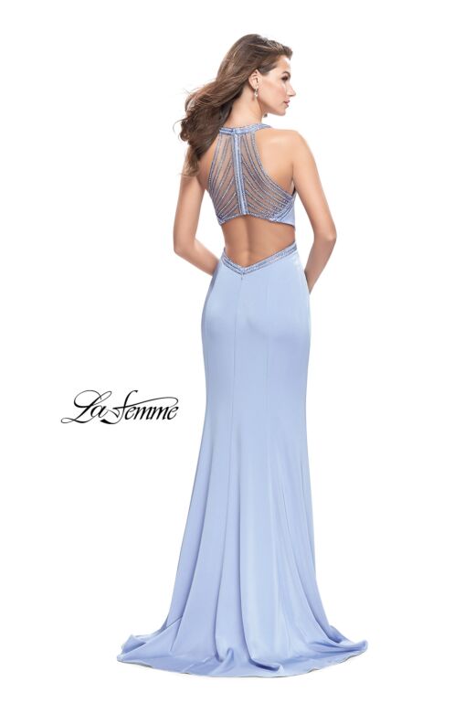 La Femme 26069 Cloud Blue Cutout Back High Slit Dress