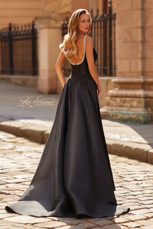 La Femme 33106 Black Corset Bodice High Slit Dress