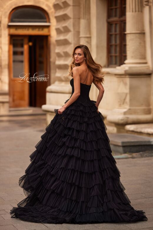 La Femme 33202 Black High Slit Strapless Dress