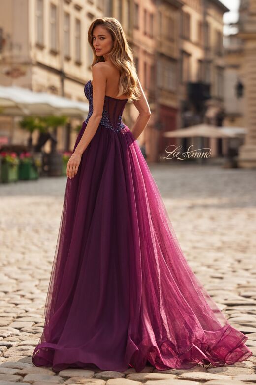 La Femme 33410 Dark Berry High Slit Strapless Dress