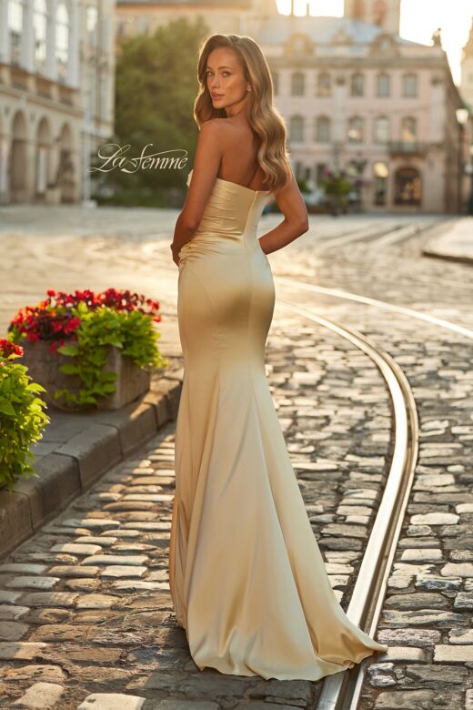 La Femme 33546 Pale Yellow Satin Fitted Dress