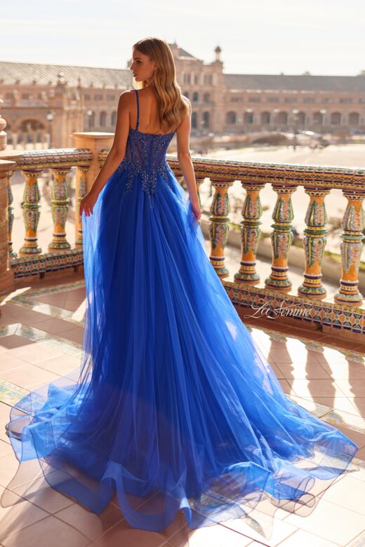 La Femme 33702 Royal Blue Spaghetti Strap Tulle Skirt Dress