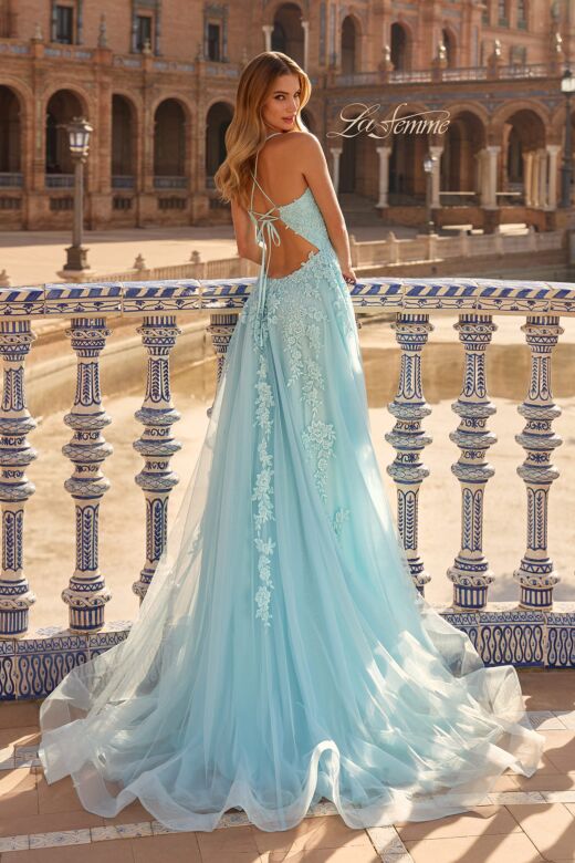 La Femme 33715 Cloud Blue Tulle Skirt Lace-Up Dress