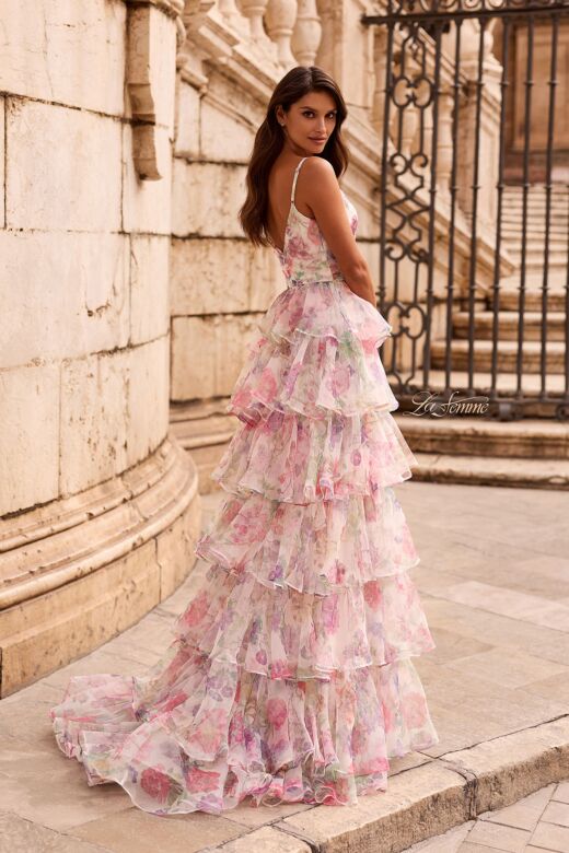 La Femme 33740 Tiered Ruffle Skirt Multicolor Floral Dress
