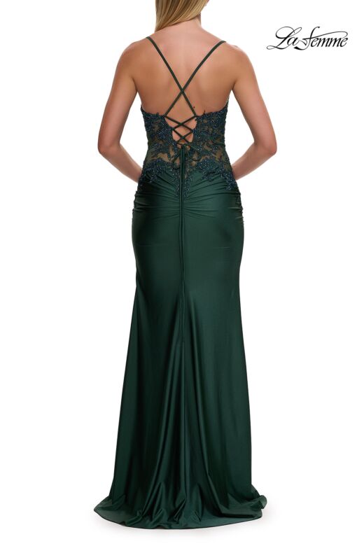 La Femme 33769 Dark Emerald High Slit Lace-Up Dress