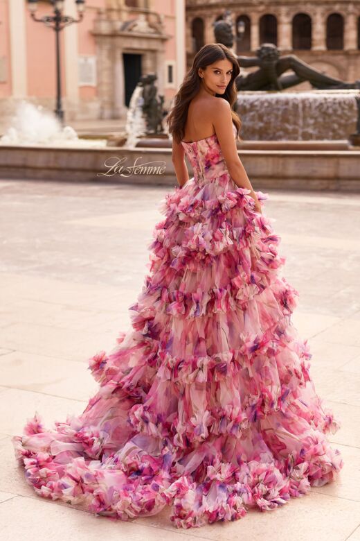 La Femme 33842 High Slit Tiered Ruffle Skirt Multicolor Floral Dress