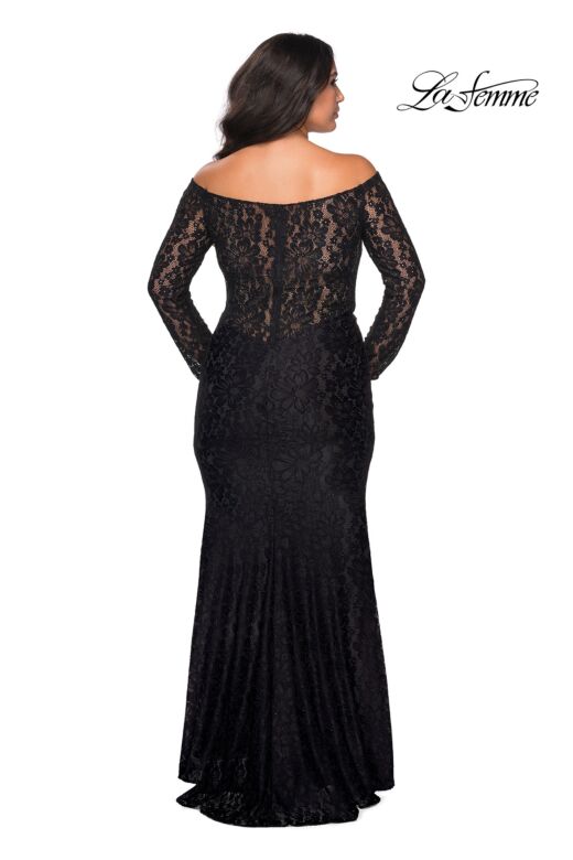 La Femme 28945 Lace Sleeve Off The Shoulder Plus Size Dress