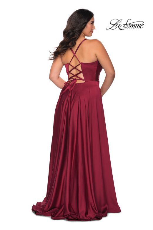 La Femme 29033 Faux Wrap-Style Bodice Lace-Up Back Plus Size Dress