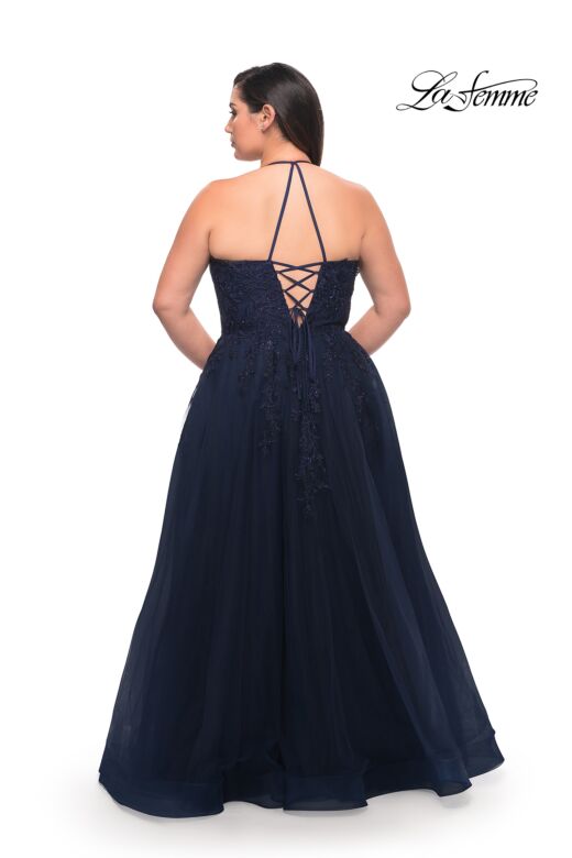 La Femme 29071 Halter-Strap Neckline Lace-Up Back Plus Size Dress