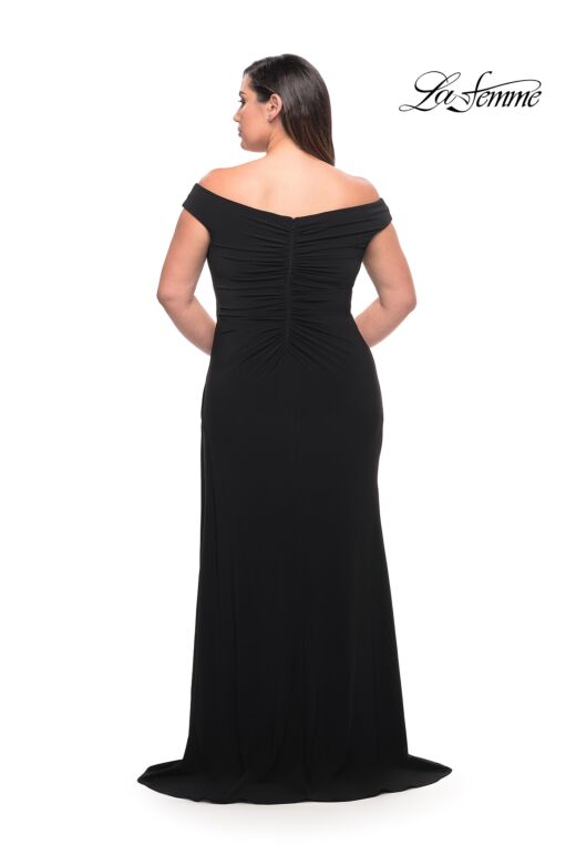 La Femme 29474 Off-The-Shoulder Ruched Knot Bodice Plus Size Dress