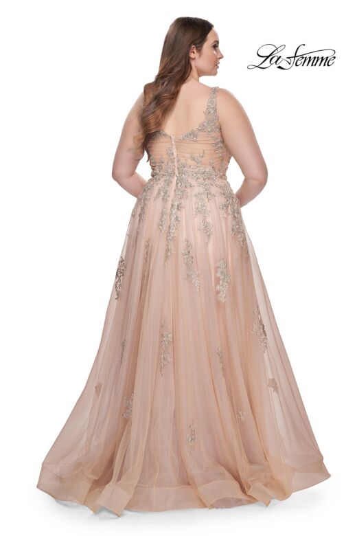 La Femme 31383 Lace-Embellished Ruched V-Neckline Plus Size Dress