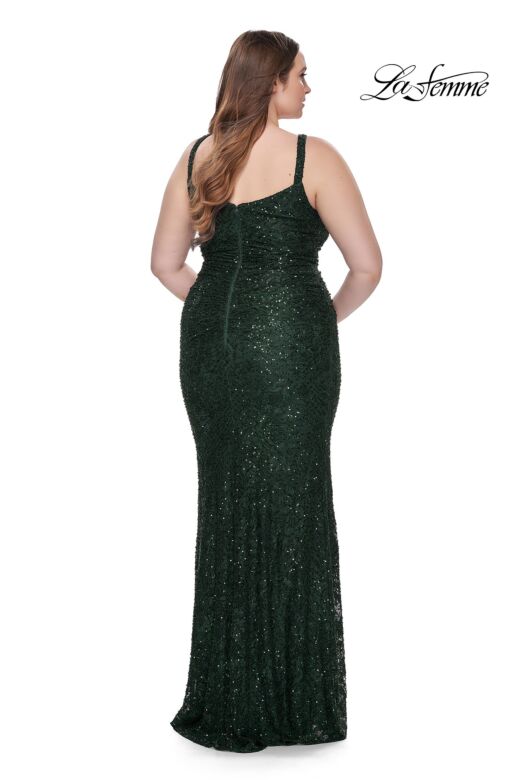 La Femme 31982 Beaded Lace Applique Deep V-Neckline Plus Size Dress