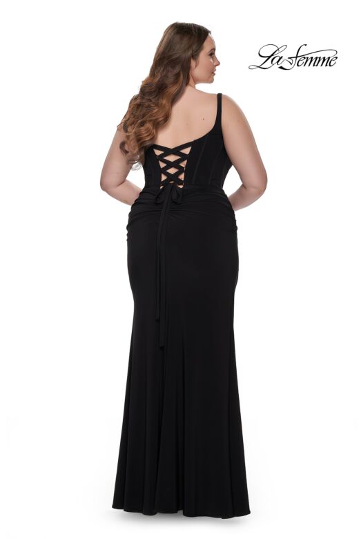 La Femme 32190 Notched Neckline Exposed Lace-Up Back Plus Size Dress