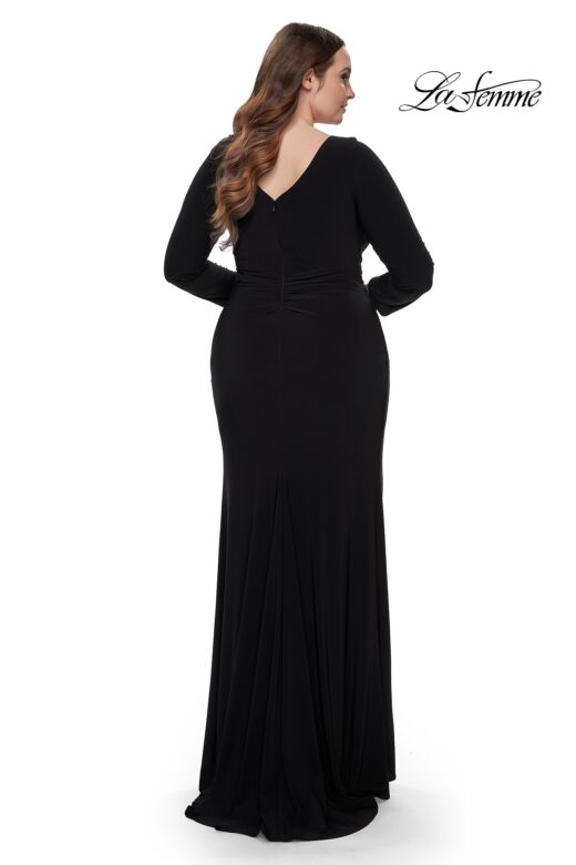 La Femme 32191 Long Sleeves Ruched Crisscross Bodice Plus Size Dress